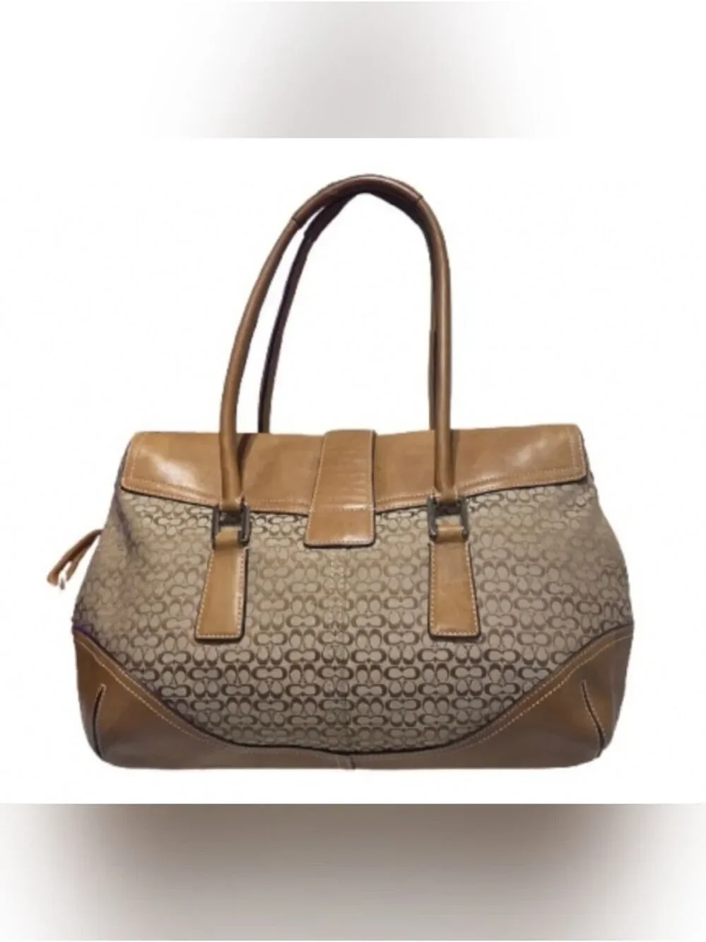 Coach K35-6388 Signature Buckle Tote Shoulder Bag Brown Tan Canvas Leather
